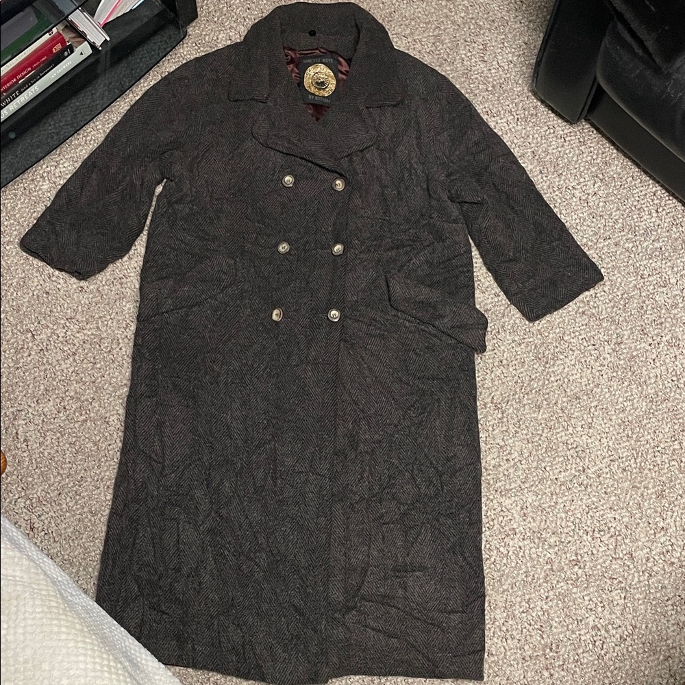 Vintage wool alpaca herringbone ankle length Women's Double-Breasted Coat